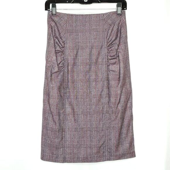 Nanette Lepore Purple Plaid Wool Blend Ruched Ruffle Pencil Midi Skirt Sz 2 - Picture 1 of 4